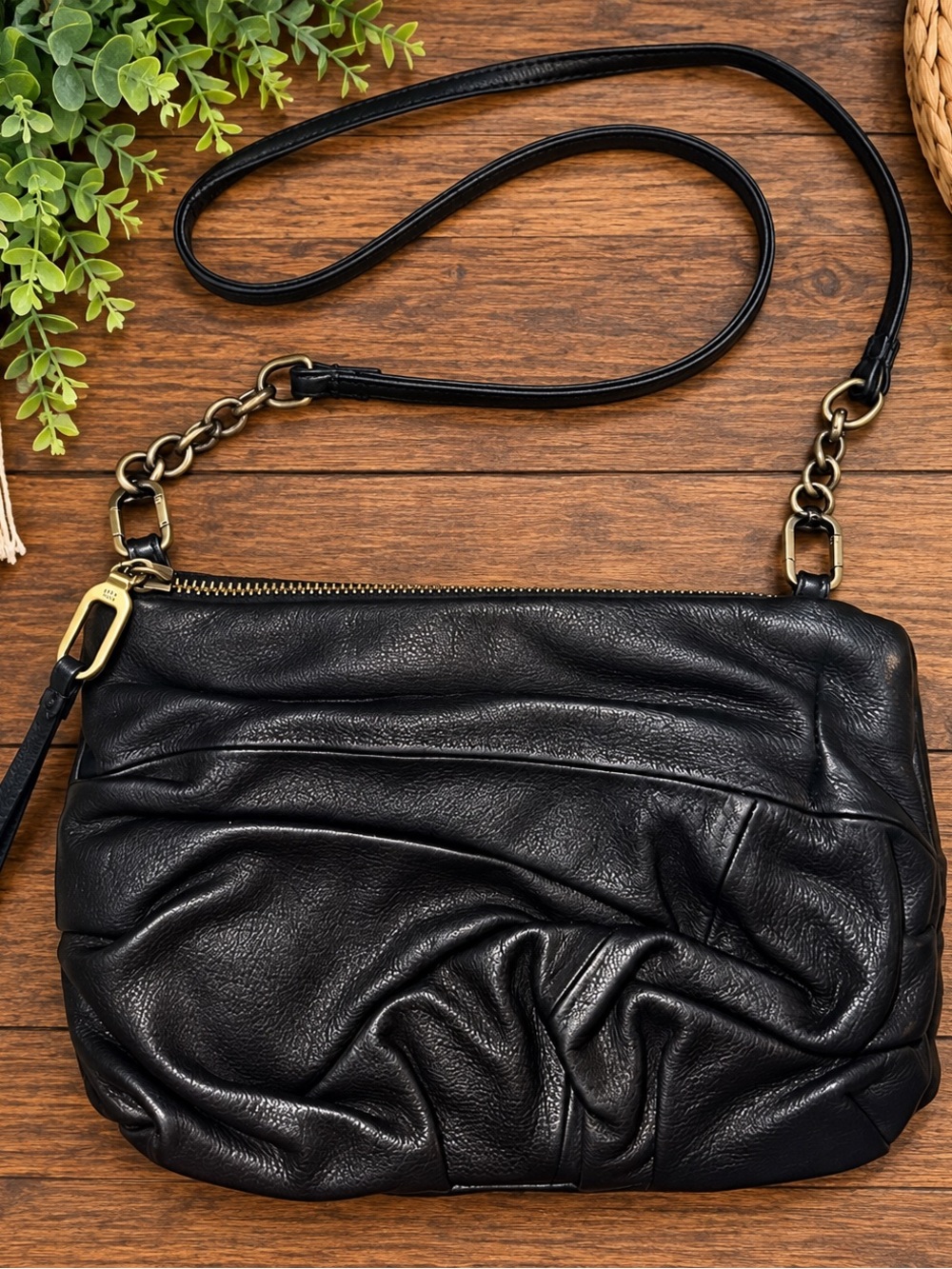HOBO Black Leather Ruched Crossbody Bag – Antique Brass Hardware